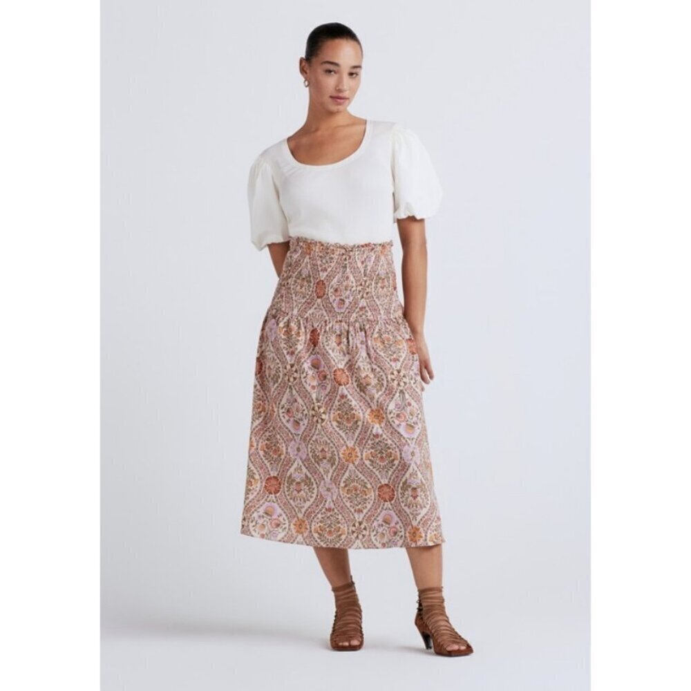 💕DEREK LAM 10 CROSBY Madani Linen Blend Smocked Skirt Light Khaki Floral 12 NWT